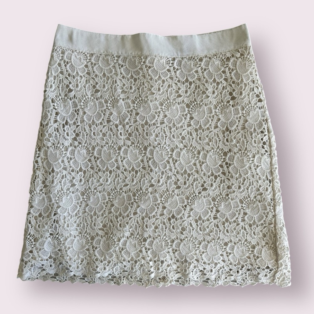 Loft Petite Ivory Lace Crochet Pencil Skirt Size 4P Mini‎ Floral Delicate Lined